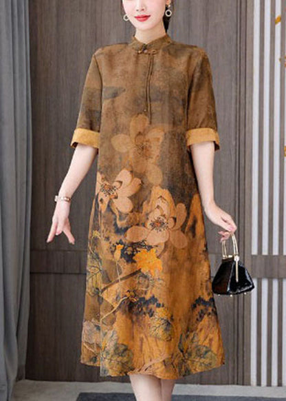 Fitted Yellow Zippered Stand Collar Chinese Style Silk Dress Short Sleeve