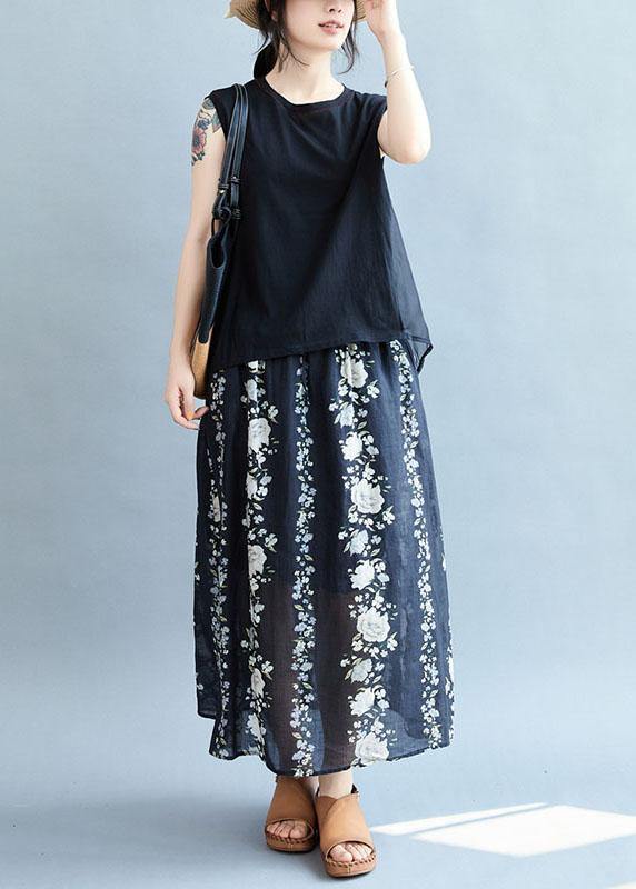 Comfy Navy Pockets Tie Waist Print Fall Skirts