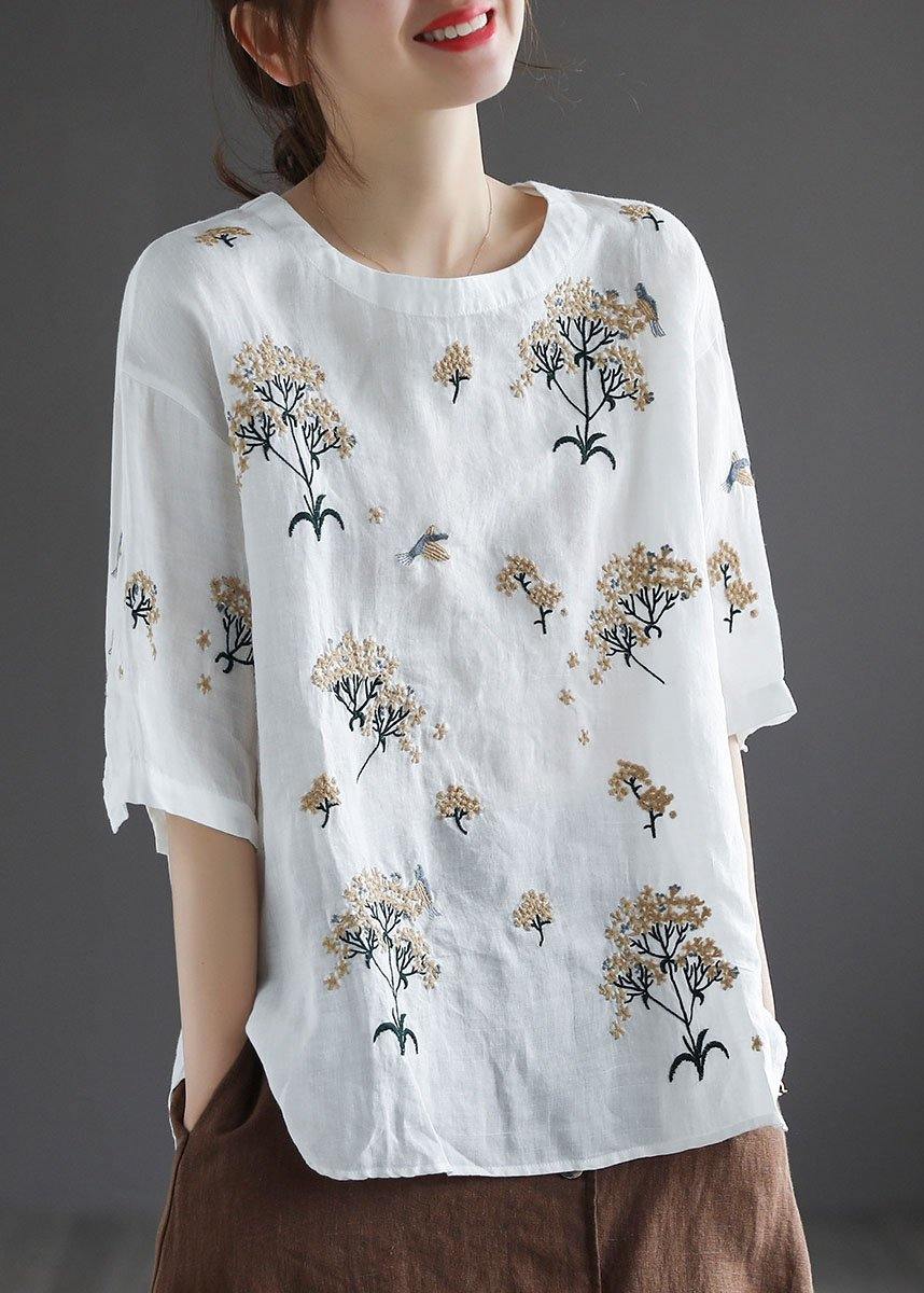 White O-neck Embroideried Summer Linen Tops Half Sleeve