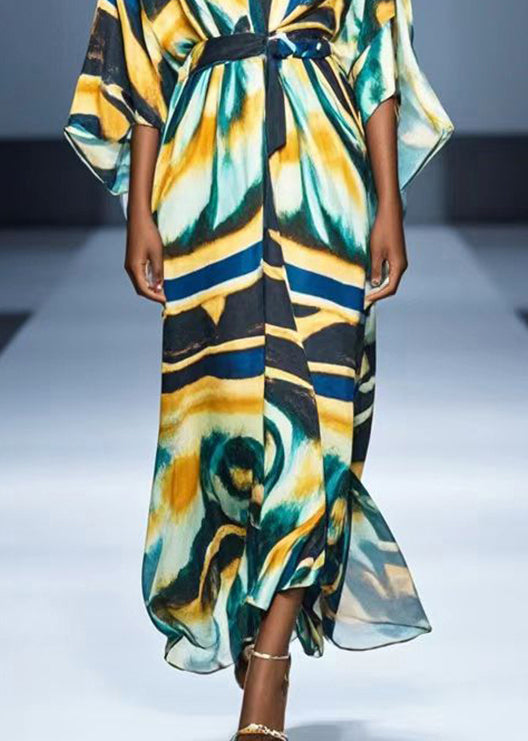 V Neck Graffiti Print Chiffon Dress Batwing Sleeve