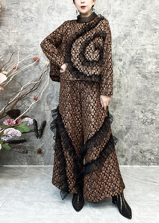 Original Coffee Ruffled Patchwork Tops and Pants Cotton Two Pieces Set Fall