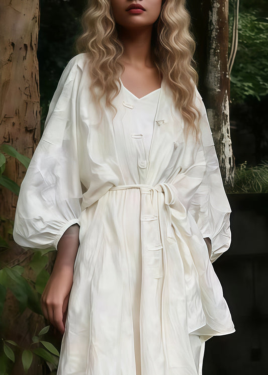 White Oversized Jacquard Cotton Cardigan and Long Dress 2 Piece Outfit Spring