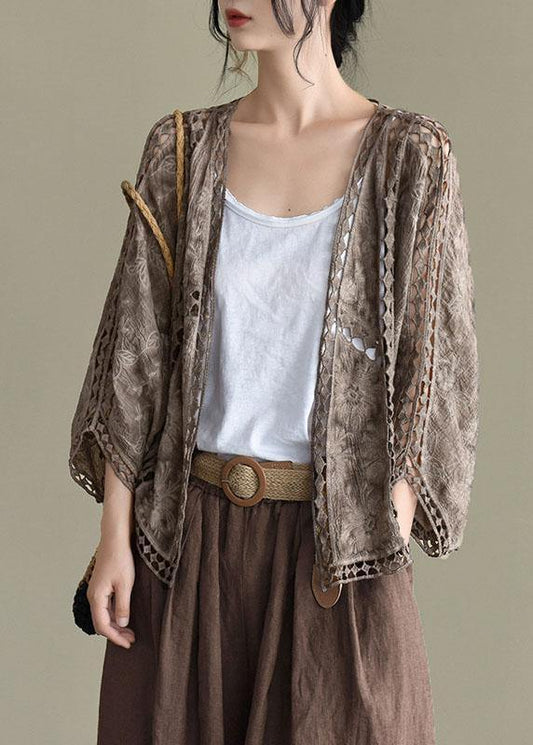 Modern Chocolate Jacquard Hollow Out Cotton Short Cardigans