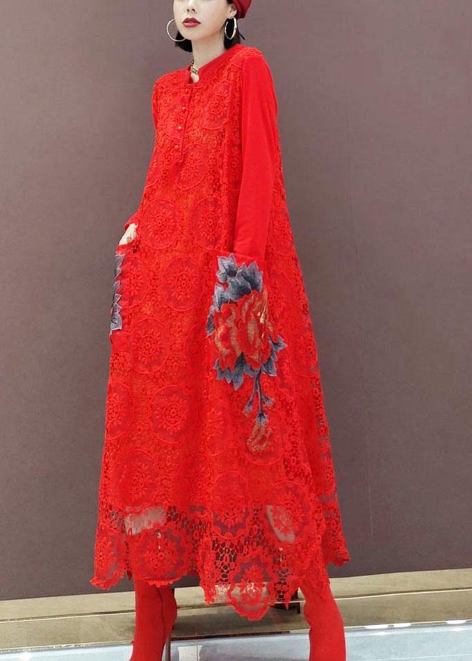 Black O-neck Lace Print Dress Fall