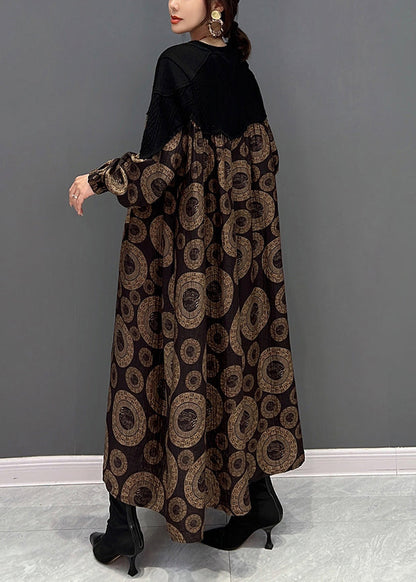 Loose Brown O-neck Patchwork Dot Print Maxi Dress Fall
