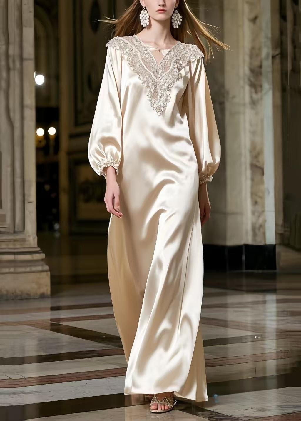 Champagne Lace Neck Draping Silk Robe Dresses Spring