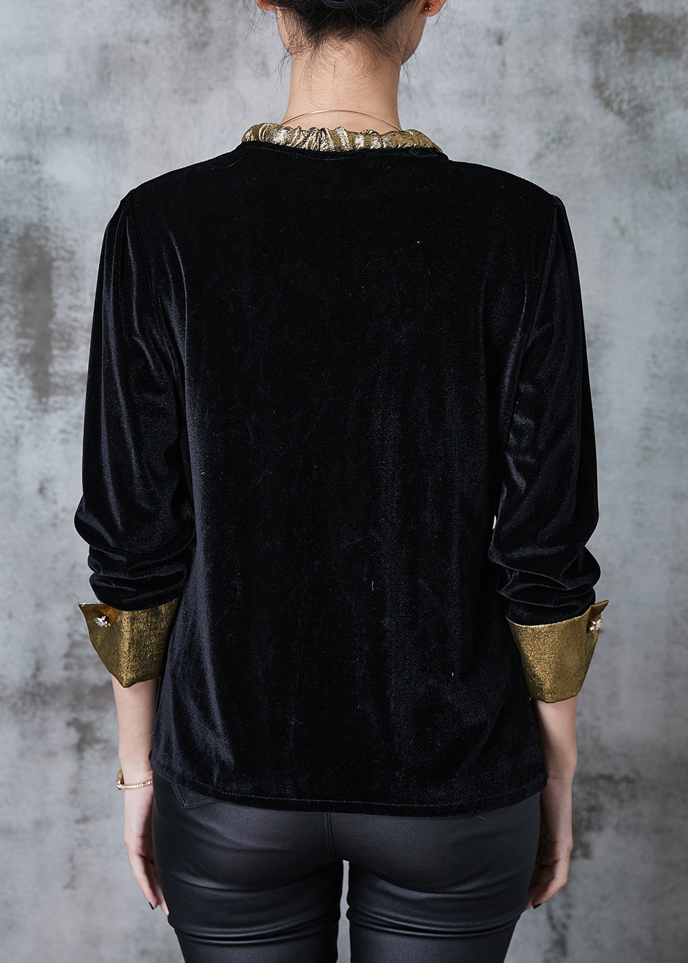 Black Bow Collar Silk Velour Shirt Top Spring