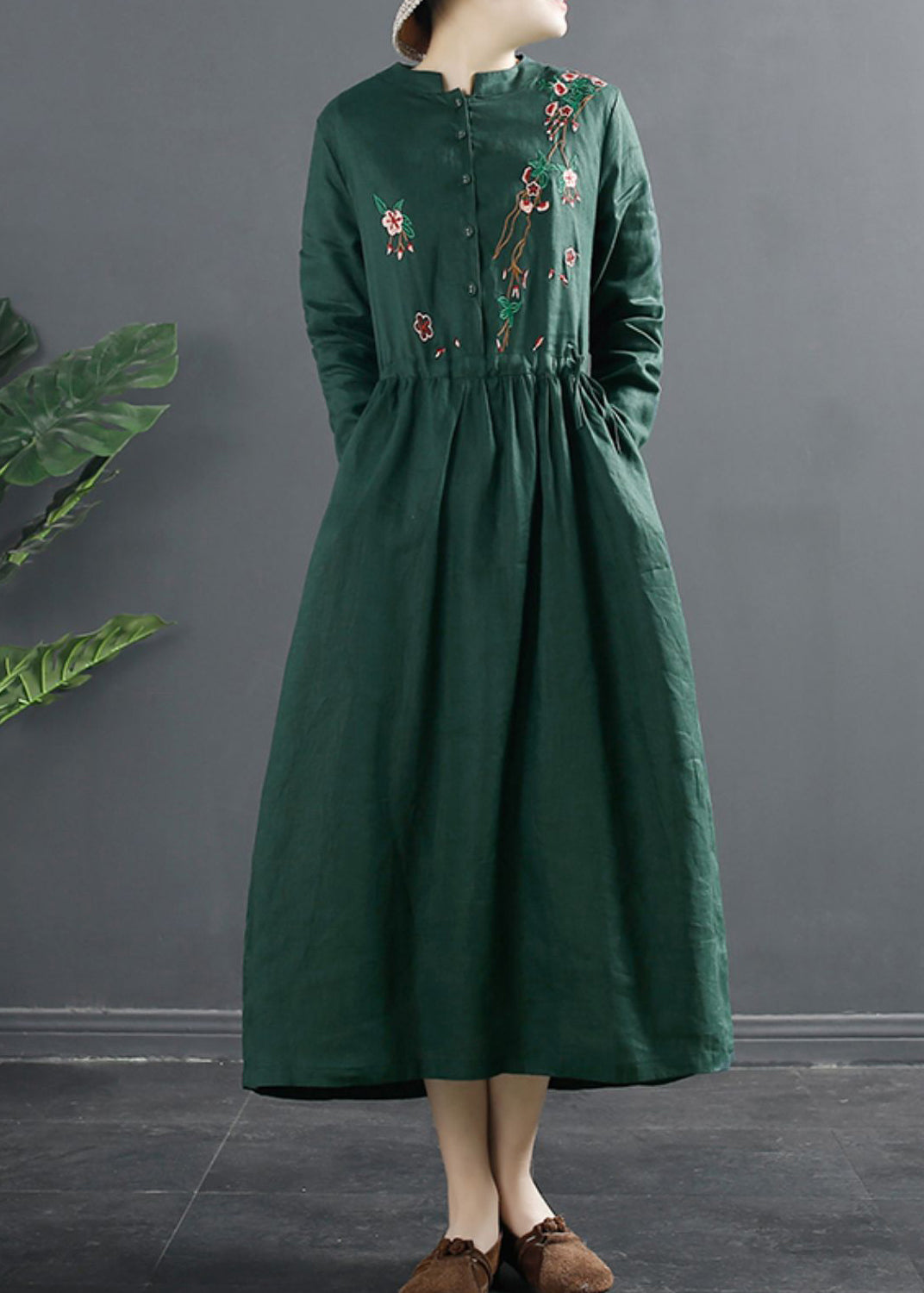 Classy Red Embroideried Linen Cinched Dresses Spring