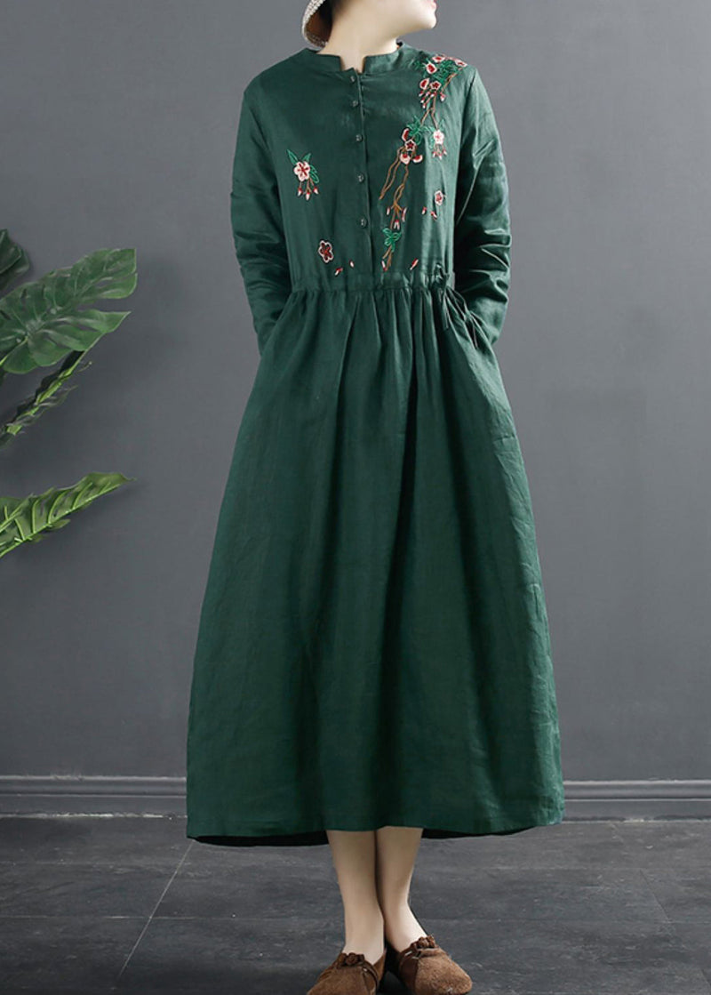 Classy Red Embroideried Linen Cinched Dresses Spring