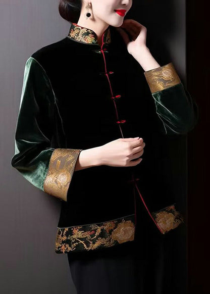 Loose Blackish Green Embroideried Button Silk Coats Long Sleeve