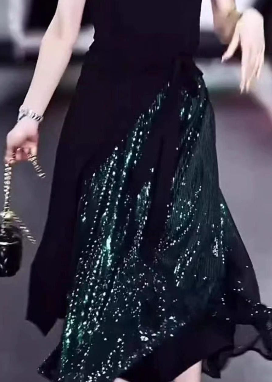 Green Sequins High Waist Silk Skirt Summer
