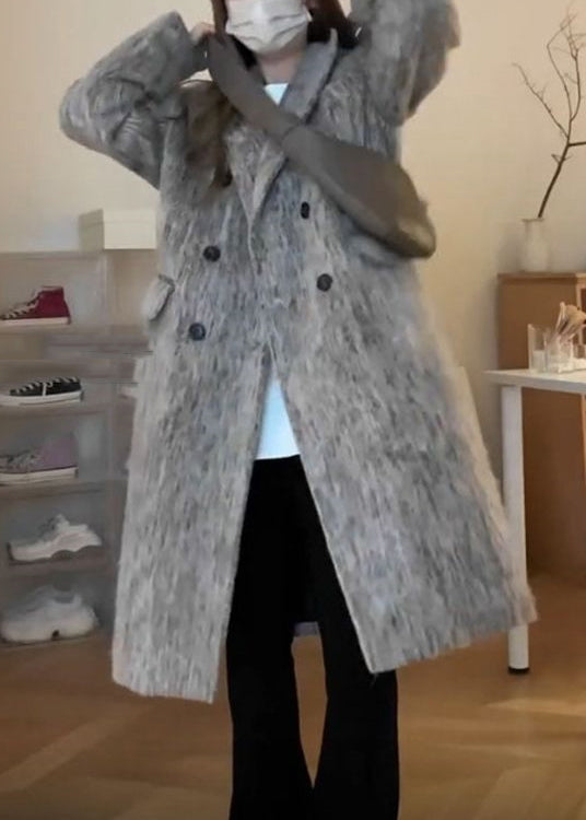 Grey Peter Pan Collar Pockets Patchwork Ma Hai Mao Coat Winter