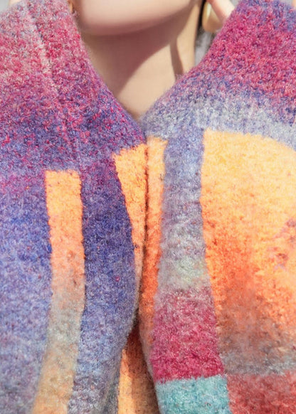 Rainbow Hole Hooded Sweaters and Maxi Skirts Knitted Cotton Thread Two Pieces Set Winter