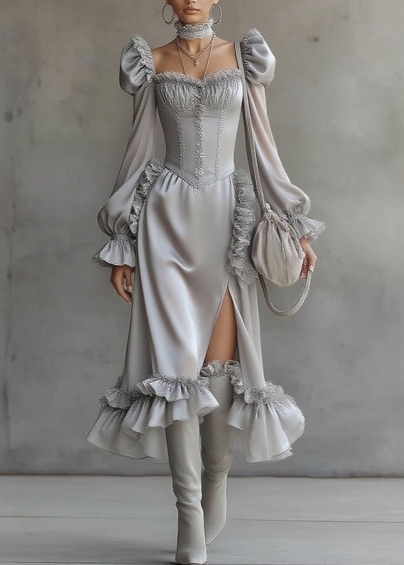Fine Grey Ruffled Patchwork Chiffon Long Dresses Lantern Sleeve