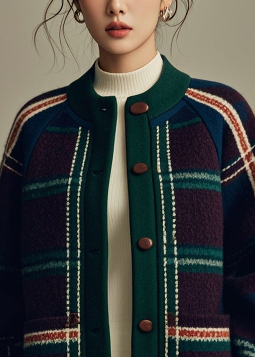 Green Plaid Button Patchwork Woolen Coats Winter