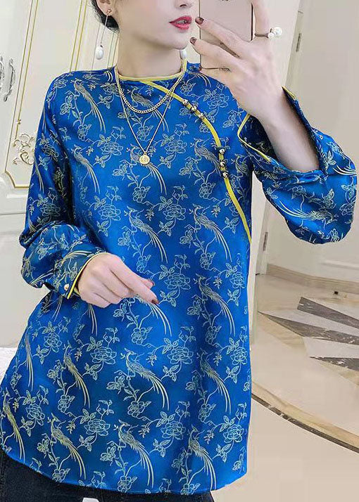Unique Blue O-neck Side Open Jacquard Patchwork Silk Tops Spring
