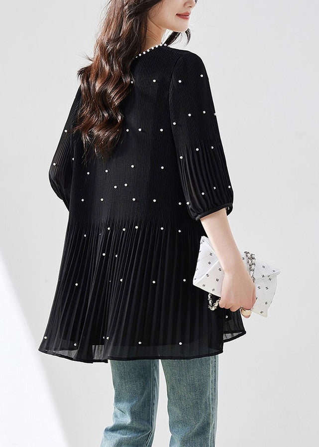 Modern Black O-neck Nail Bead Silk Top Half Sleeve