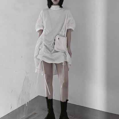 Modern White Dresses O Neck Drawstring Loose Dress
