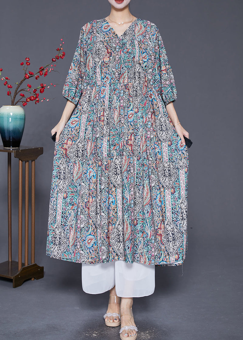 V Neck Drawstring Print Vacation Dress Lantern Sleeve