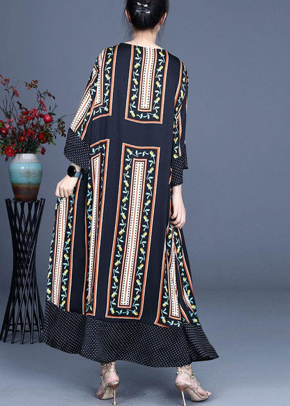 Modern Black Print Summer Silk Long Dresses Long Sleeve