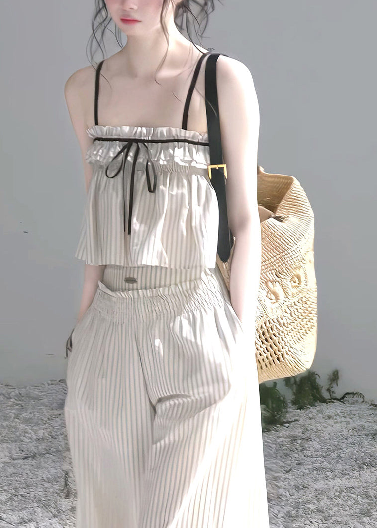 Modern Beige Ruffled Striped Cotton Bow Sets 2 Pieces Summer