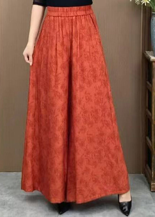 Orange Pockets Jacquard Cotton Wide Leg Pants Summer