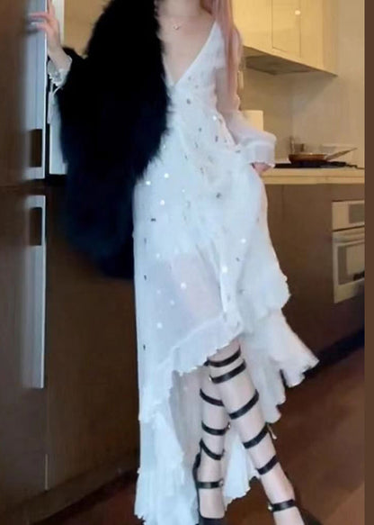 White V Neck Asymmetrical Design Sequins Dresses Long Sleeve