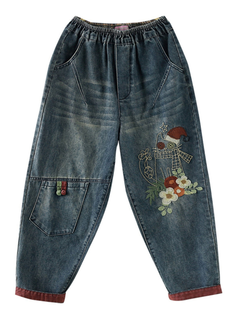 Navy Embroideried Patchwork Denim Pants Spring