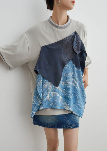 Stylish O-neck Asymmetrical Patchwork Cotton T Shirt Summer