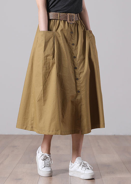 French Color Khaki Elastic Waist Pockets Button Sashes Cotton a Line Skirts Summer
