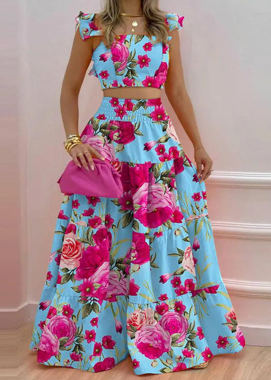 Art Blue Print Tank and Elastic Waist Skirts Cotton Two Pieces Set Summer