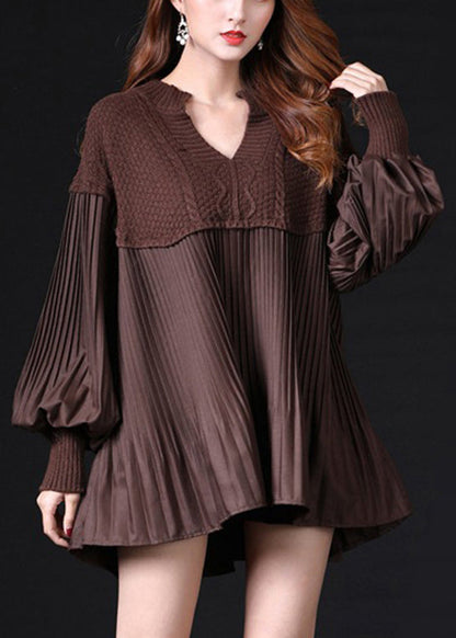 Simple Chocolate Ruffled Knit Knitted Tops Lantern Sleeve