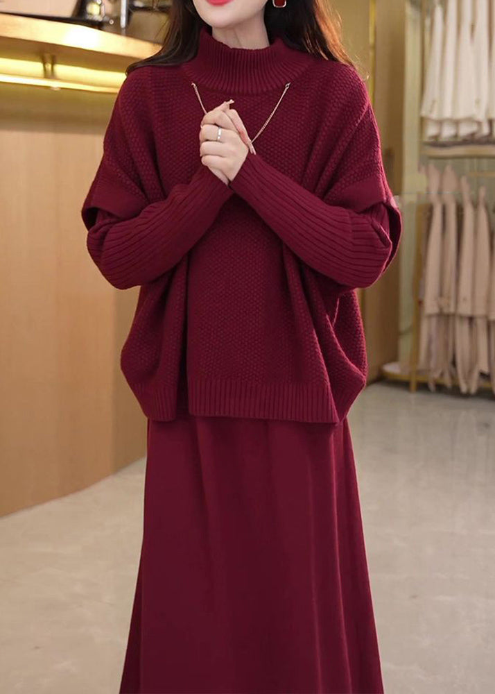 Art Mulberry Turtleneck Cotton Knit Top and Wide Leg Pants Two Piece Set Winter