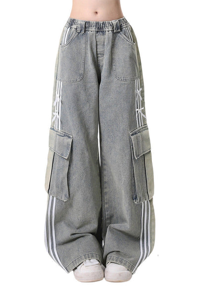 Modern Light Blue Elastic Waist Pockets Denim Pants Fall