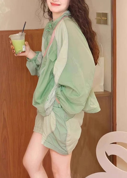 French Light Green Patchwork Shirts and Shorts Two Piece Set Summer