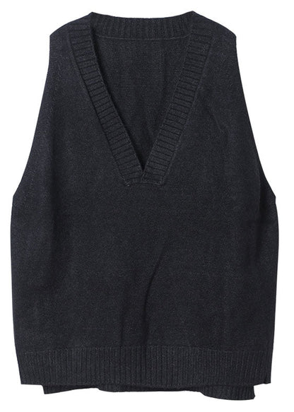Khaki V Neck Side Open Sleeveless Knit Vest