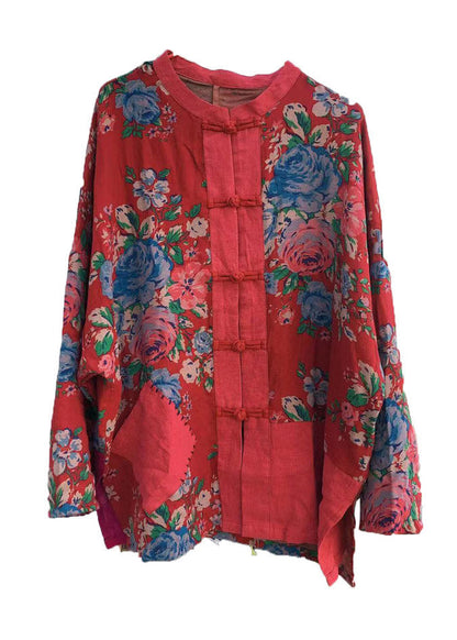 Red O-neck Print Button Pockets Cotton Top Long Sleeve