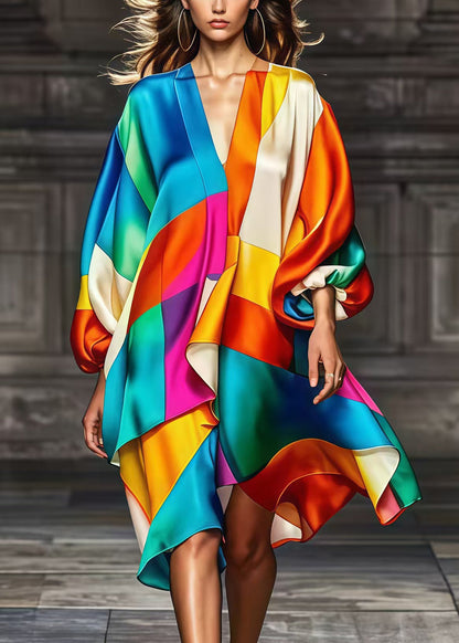 Rainbow Asymmetrical Patchwork Silk Party Dress Spring