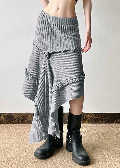 Grey Asymmetrical Design Ruffled Knit Skirts Spring