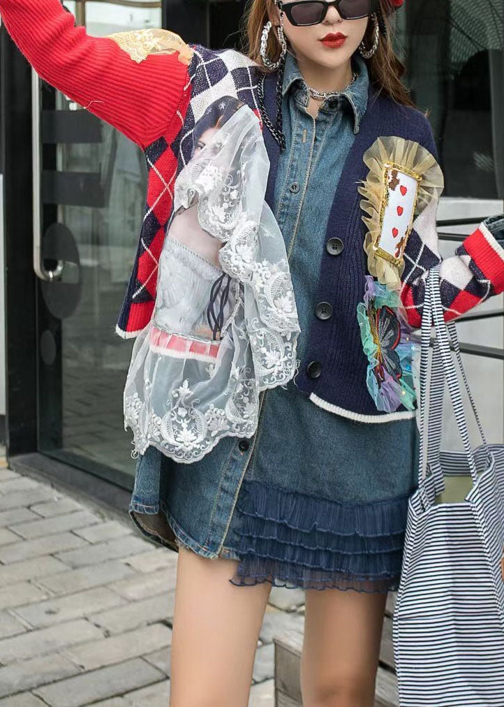 Red Knit Patchwork Denim Ruffled Fall Long Sleeve Coat