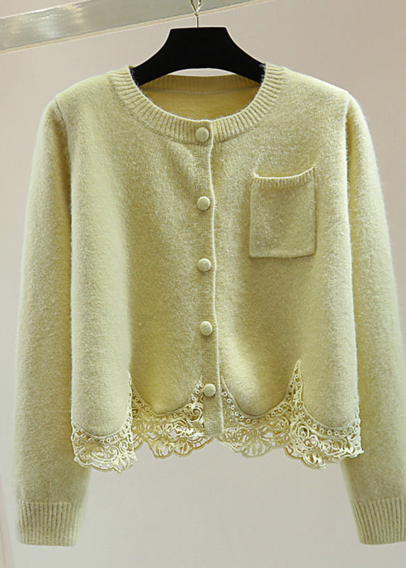 Light Green O-neck Lace Patchwork Cotton Knit Cardigan Spring