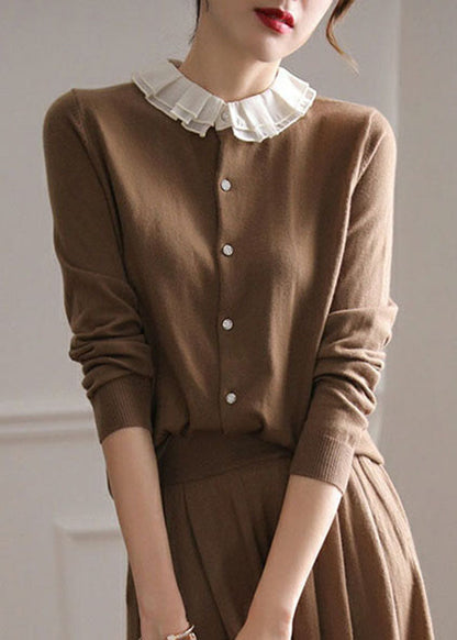 Chocolate O-neck Ruffled Patchwork Cashmere Cardigans Spring
