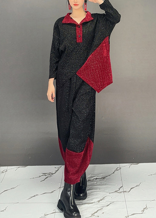 Black Patchwork Tops and Pants Cotton Two Pieces Set Fall