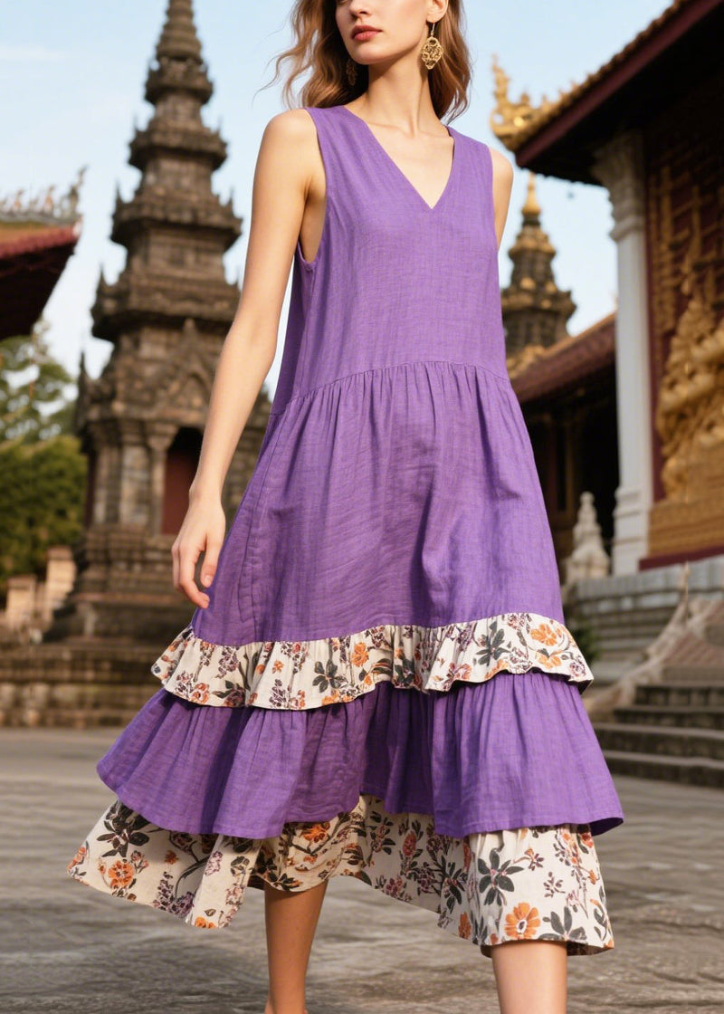 Purple Oversized Patchwork Linen Sundresses Summer