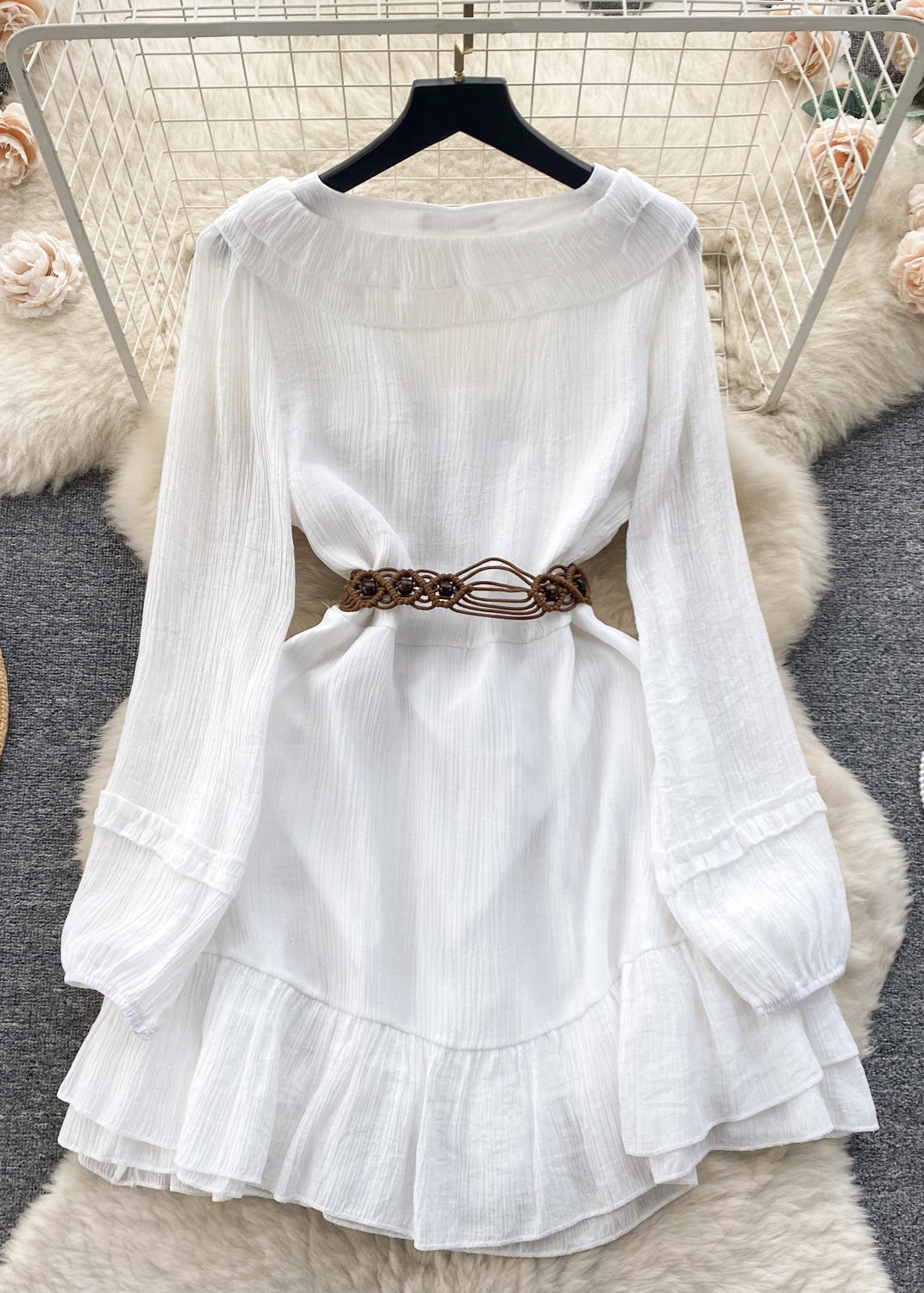 White Ruffled Lace Up Cotton Mid Dress Long Sleeve Spring