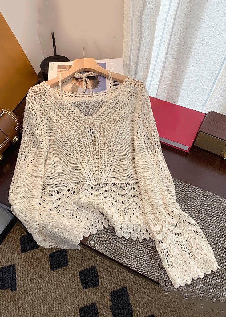 Apricot Hollow Out Lace Up Knit Two Pieces Set Spring