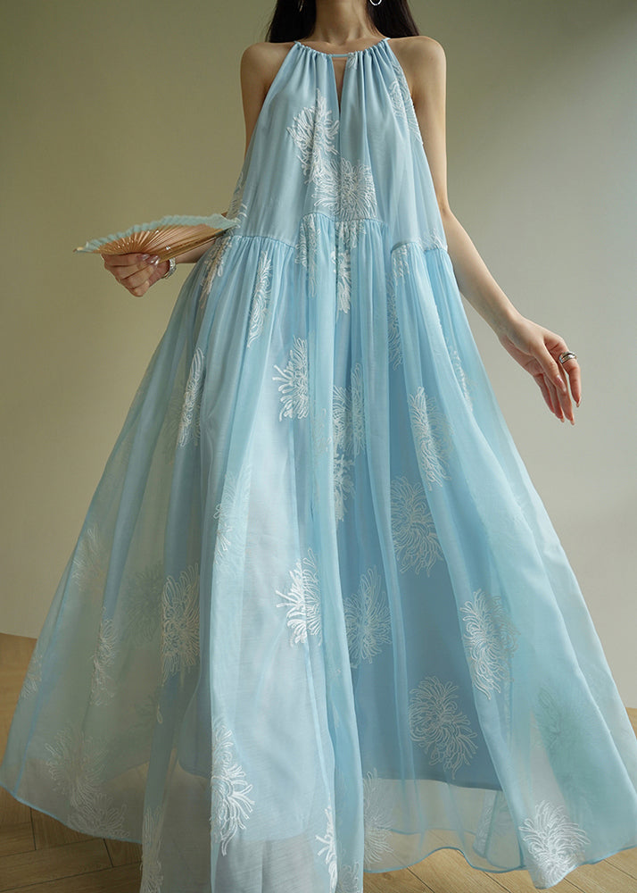 Blue Embroidered Patchwork Silk Maxi Dress Sleeveless