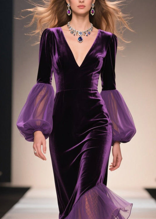 Purple V Neck Asymmetrical Ruffled Patchwork Velvet Dresses Fall