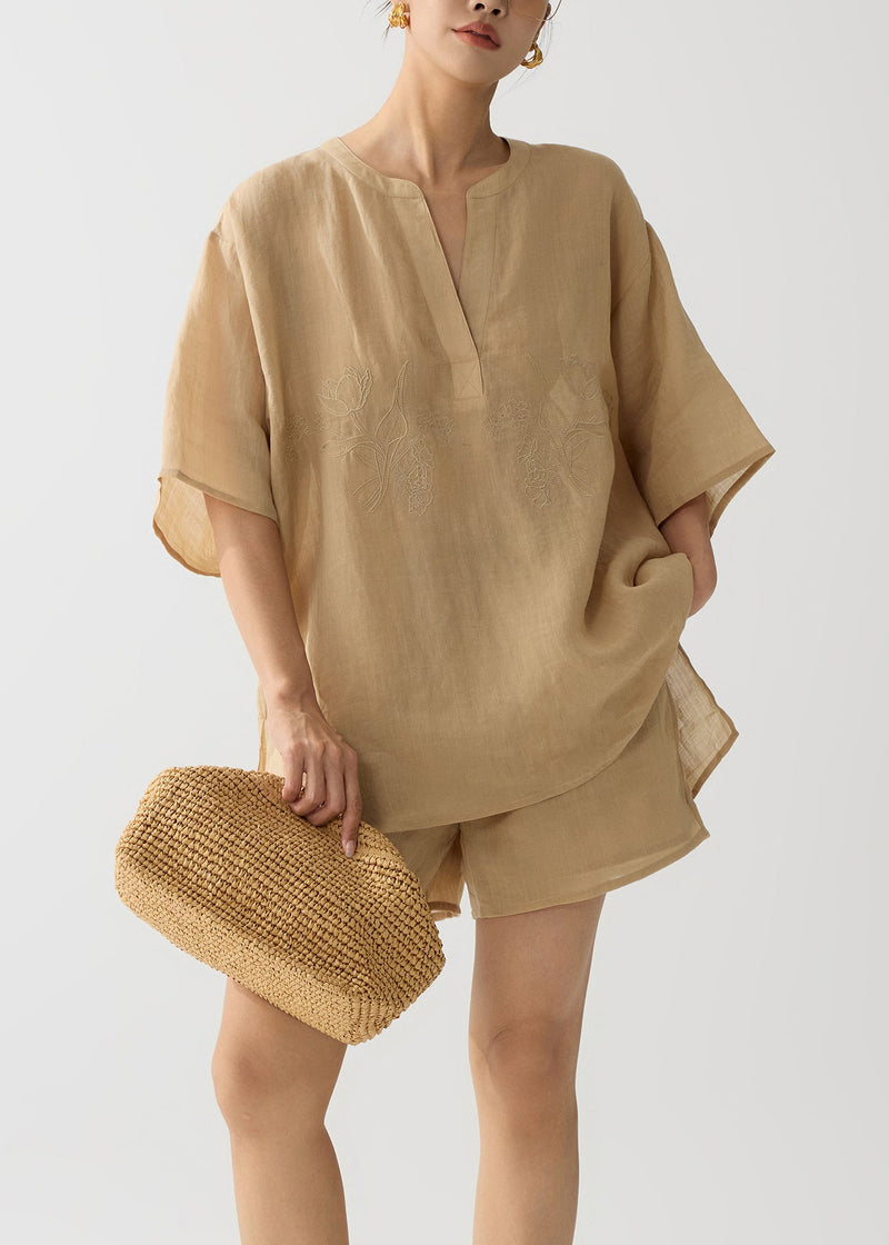 Coffee Embroidered Linen Two Pieces Set Summer