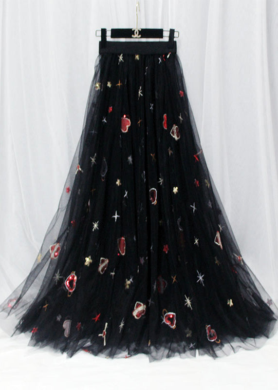 Black Hearts Embroideried Sequins Tulle Long Skirt Spring